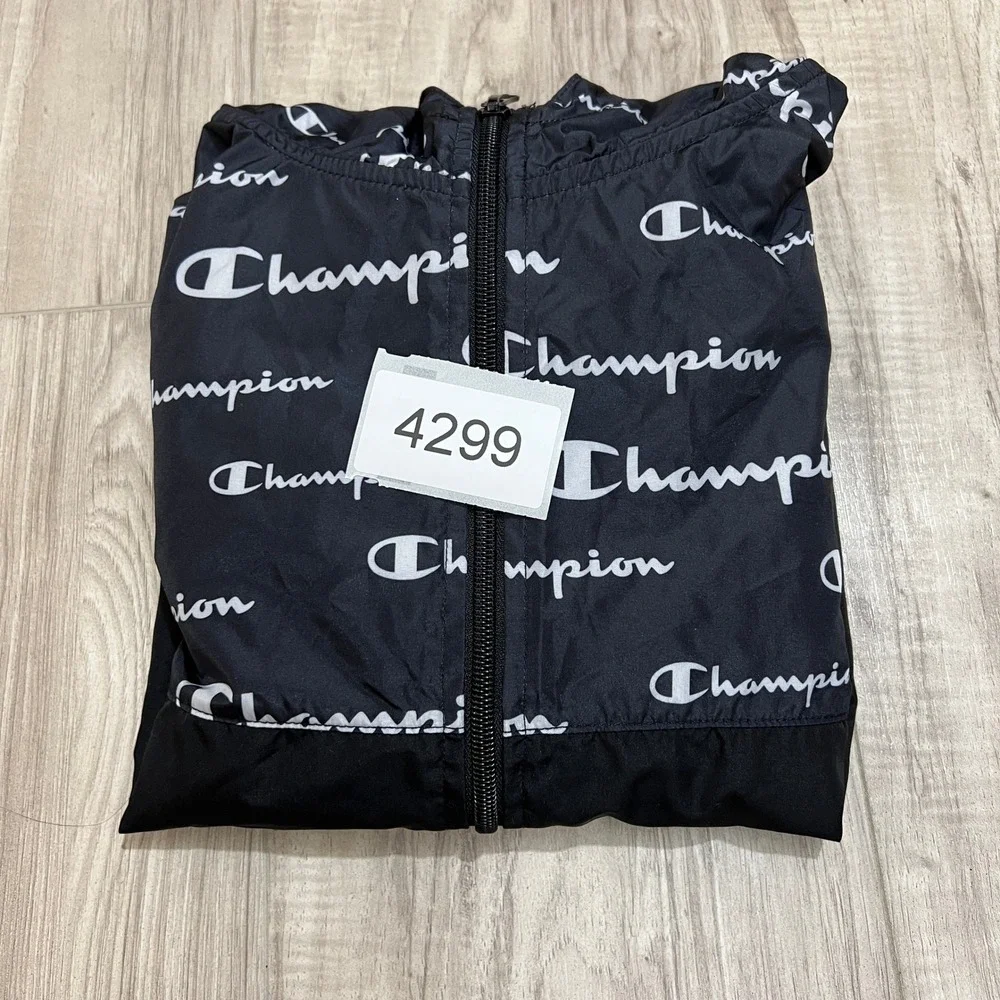 Champion Boys Windbreaker Jacket Medium M 8-10 Black White All Over Print Zip